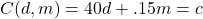 C(d,m)=40d+.15m=c