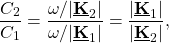 \[  \frac{C_2}{C_1}=\frac{\omega/\vert \underline{\textbf{K}}_2 \vert}{\omega/\vert \underline{\textbf{K}}_1 \vert}=\frac{\vert \underline{\textbf{K}}_1 \vert}{\vert \underline{\textbf{K}}_2 \vert}, \]