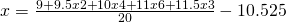 x=\frac{9+9.5x2+10x4+11x6+11.5x3}{20}-10.525