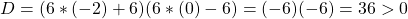 D = (6*(-2)+6)(6*(0)-6) = (-6)(-6)=36 > 0