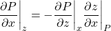 \[ \frac{\partial P}{\partial x}\biggr|_z =-\frac{\partial P}{\partial z}\biggr|_x \frac{\partial z}{\partial x}\biggr|_P  \]