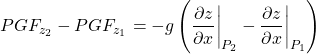 \[ PGF_{z_2}-PGF_{z_1}=-g \left(\frac{\partial z}{\partial x}\biggr|_{P_2}-\frac{\partial z}{\partial x}\biggr|_{P_1} \right) \]