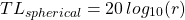 \[ TL_{spherical} = 20 \hspace{2pt} log_{10}(r) \]