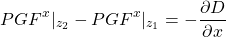 \[ PGF^x \vert_{z_2}-PGF^x \vert_{z_1}=-\frac{\partial D}{\partial x} \]