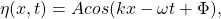 \[\eta(x,t)=Acos(kx-\omega t+\Phi), \]