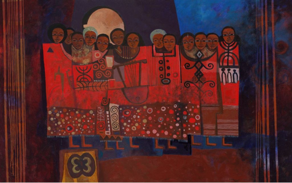 Painting of group of people in colorful costume.