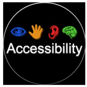 Accessibility image including the following icons: a blue eye, a yellow hand, a red ear, and a green brain. The word "Accessibility" appears below these icons in white; the entire background is black.