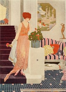 Painted image from the early 1920s, depicting a fashionably clad woman in her colorfully-decorated living room.