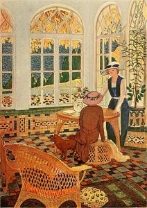 Painted image from early 1920s of two women sitting in a window-filled drawing room.