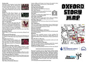 An image of the Oxford Story Map, including a close-up of one map portion underneath the title and five small images of places alongside numerous explanatory blurbs.