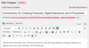 A screen shot showing the back end of Pressbooks, which ostensibly mimics a WordPress blog.