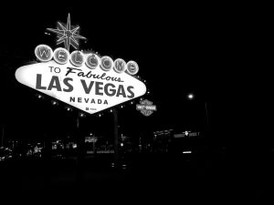 Black and white photograph of the iconic Welcome to Fabulous Las Vegas sign.