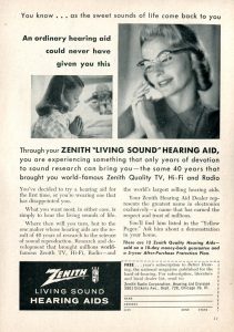 1950s advertisement for Zenith hearing aids featuring two black and white photos, one of a mother on the phone and the other of a child. Below the photographs there's a great deal of text detailing the product. The ad also features a coupon at the bottom for Zenith "Living Sound" Hearing Aids.
