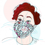 Illustration of author Adrianna L. Ernstberger wearing a face mask with feminist sayings on it