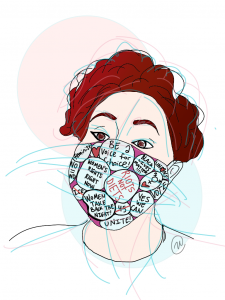 Illustration of author Adrianna L. Ernstberger wearing a face mask with feminist sayings on it