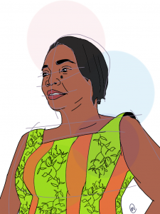 Illustration of author Akosua K. Darkwah wearing a colorful dress, head facing slightly to the side, by Nicole Carter