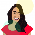 Illustration of author Amy Bhatt, wearing a red dress, and a big smile, by Nicole Carter