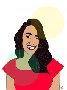 Illustration of author Amy Bhatt, wearing a red dress, and a big smile, by Nicole Carter