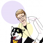 Illustration of author Judith Howard, leaning over a husky wearing a scarf with a W, by Nicole Carter