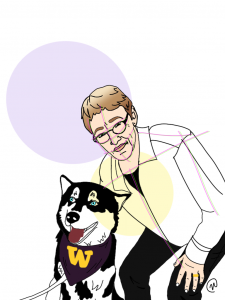 Illustration of author Judith Howard, leaning over a husky wearing a scarf with a W, by Nicole Carter