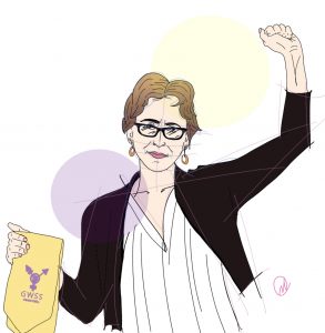 Illustration of Julie Shayne with yellow sash in right hand and left fist in the air. Sash has transfeminism symbol in purple.