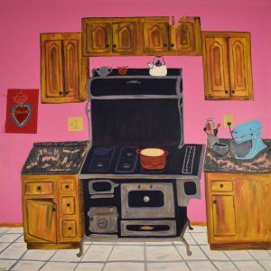 Kitchen Top, art by Kandace Creel Falcón, shows a stove with a pot on top of it, counters and cupboards.