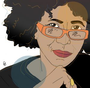 Illustration of author Beverly Guy Sheftall with her orange glasses slightly below her eyes, and her chin resting pensively resting on her right hand