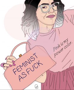 Illustration of author Carmen Rios wearing a pink shirt that says "Pink is my power color." The shirt is tucked into something pink, and she is holding a pink purse that says "FEMINIST AS FUCK" in all caps, with her hand that has pink finger nails and a pink ring, which matches her pink lipstick.