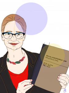 Illustration of author Carrie Baker holding her co-authored book "Sexual Harassment Law: History, Cases, and Practice"