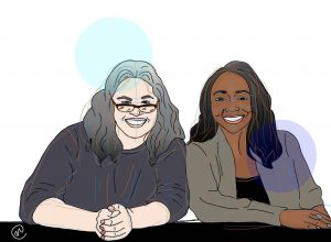 Illustration of co-authors Cheryl Radeloff (L) and Michele Tracy Berger (R) leaning forward on a table, as if about to present at a conference