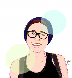 Illustration of co-author Daniella Orias wearing a beanie type hat, glasses, and tank top