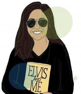 Illustration of co-author Elena Tajima Creef, wearing sun glasses and a black long sleeve shirt, holding a book called "Elvis And Me."