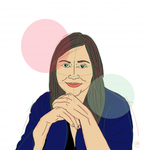 Illustration of author Erika Márquez-Montaño with her hands folded below her chin and a serious look in her eyes