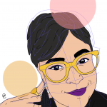 Illustration of author Kandace Creel Falcón, wearing yellow glasses, purple lipstick, and a yellow and black earring.