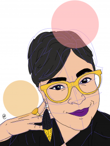 Illustration of author Kandace Creel Falcón, wearing yellow glasses, purple lipstick, and a yellow and black earring.