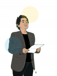Illustration of author Lourdes Torres holding a piece of paper, looking up, as if toward an audience or classroom