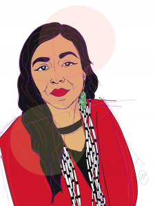 Illustration of author Luhui Whitebear in red shirt, long white and black necklace, and one earring showing