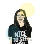 Illustration of author Melinda Chen in a black shirt that says "Nice to See You" by Nicole Carter