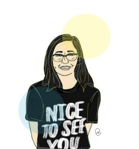 Illustration of author Melinda Chen in a black shirt that says "Nice to See You" by Nicole Carter