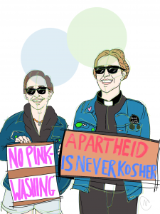 Illustration of two people holding signs for a march. The one on the left, held by co-author Nicole Morse, says "No Pink-Washing," and the one on the right says "Apartheid is Never Kosher."