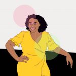 Illustration of author Sarah Valdez in a yellow dress, and a smile on her face, with right hand on her hip, and left arm resting on a wall