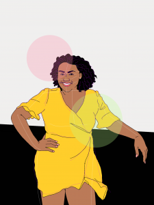 Illustration of author Sarah Valdez in a yellow dress, and a smile on her face, with right hand on her hip, and left arm resting on a wall