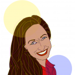 Illustration of author Shereen Siddiqui in a red outfit, with a big smile on her face