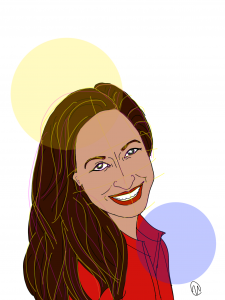 Illustration of author Shereen Siddiqui in a red outfit, with a big smile on her face