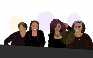 Illustration of co-authors, from left to right, Sonja Andrews, Brea Stevenson, Donielle Pace, and NaTasha Robinson. They are all sitting at a conference table with name tags for the "National Council for Black Studies"