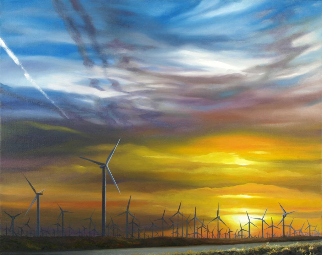 A painting with wind turbines and contrails during sunset