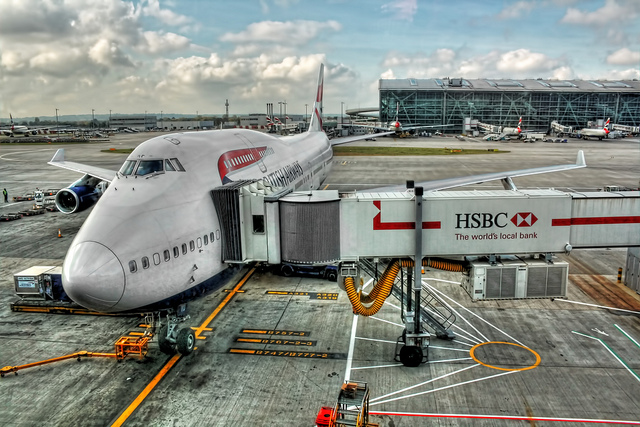 A docked Airplane at the London Heathrow UK airport