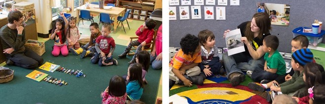 Two photos, each with a teacher on the floor engaging with a number of children.