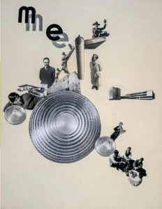Photo collage on cardboard backing. Lowercase letters "m" and "e" are placed with grey shadows on the top left corner of backing, with cutouts of various brass circular objects and action shots of metal workshop students distributed evenly across backing.