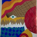 Geometric and abstract painting on brown paper with black grid lines, blue and green checkerboard, pink and yellow spiral, and blue, orange, yellow, pink waves.
